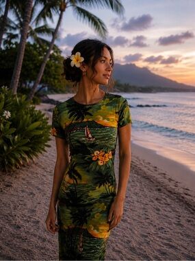 Vintage Y2K Hawaiian Print Bodycon Maxi Dress Tropical Resort Boho Goddess 🌺